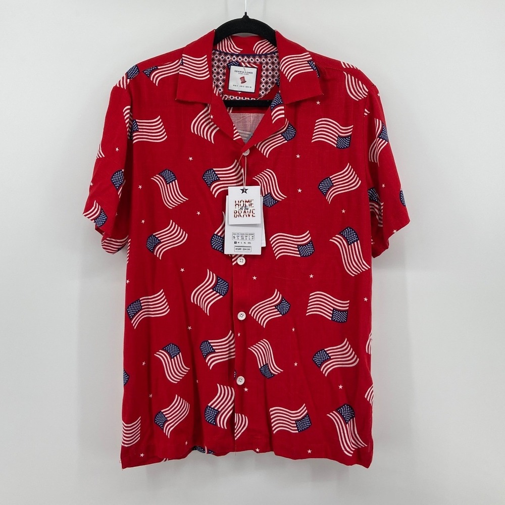 Denim & Flower Ricky Singh Mens Small Red American Flag Viscose Camp Shirt NWT